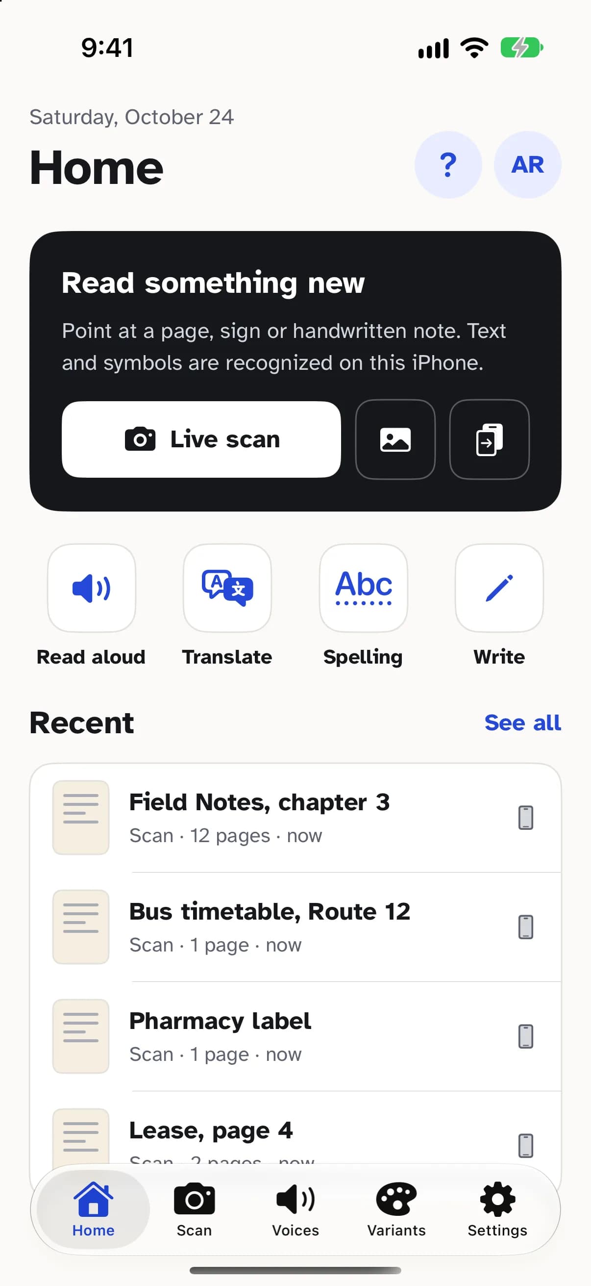 Handwrite home screen on iPhone with a Read something new card, Live scan, and shortcuts for Read aloud, Translate, Spelling and Write.